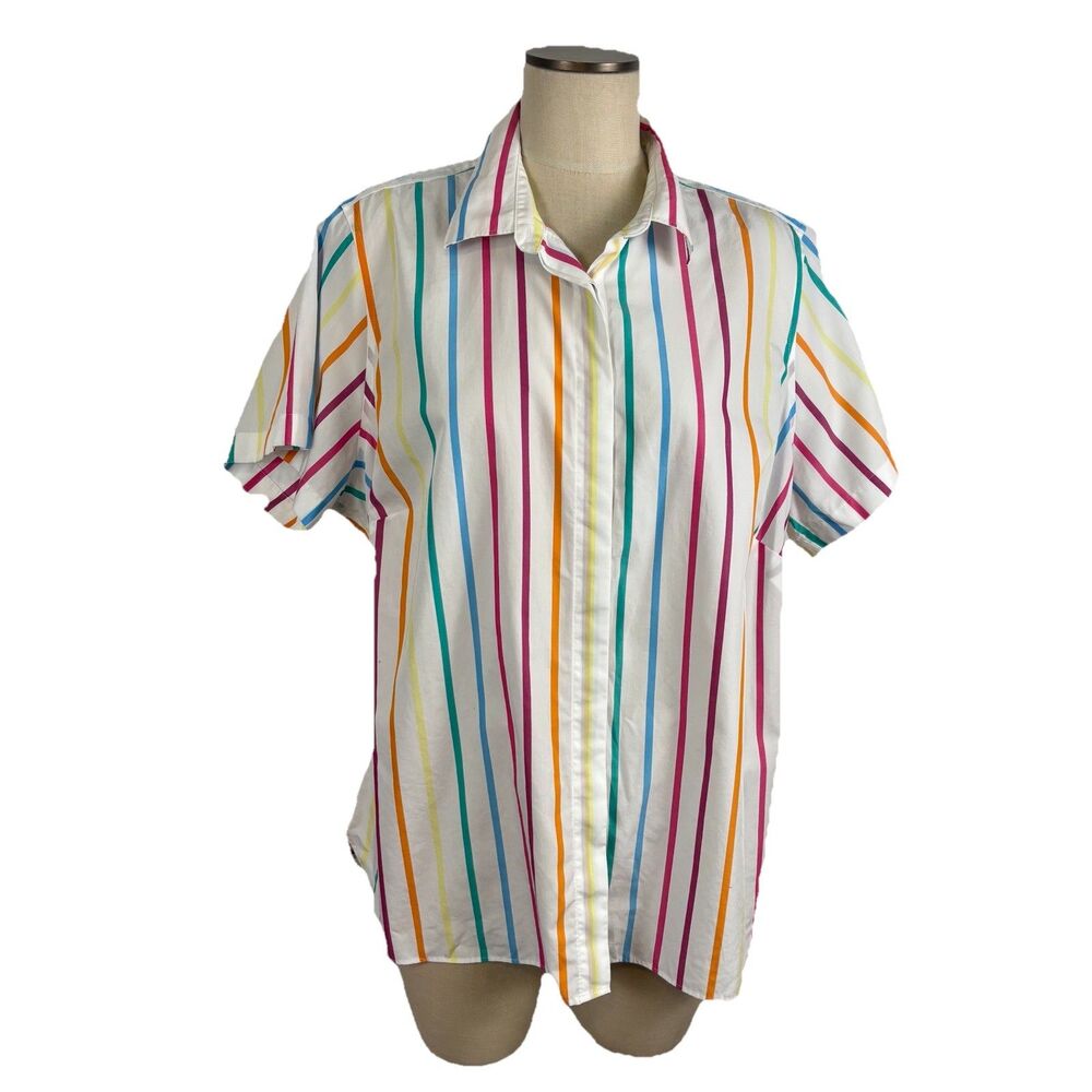 Lands' End Womens 20W No-Iron Supima Button Front Shirt Rainbow Colorful Stripe